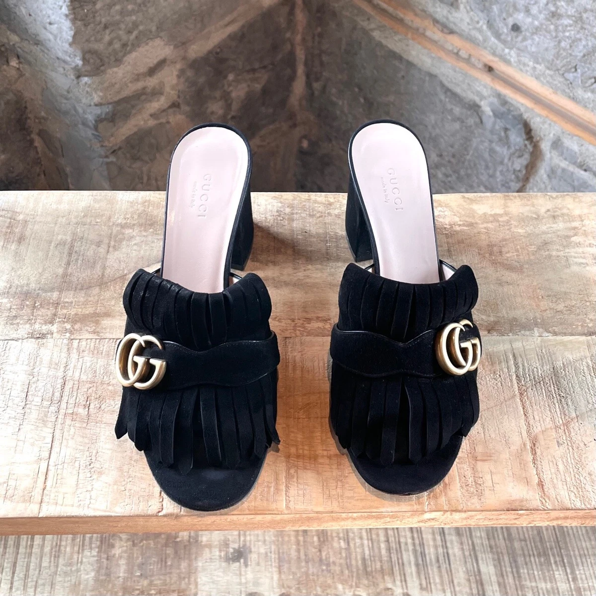 Gucci Black Suede GG Marmont Open Toes Block Heeled Mule Size 8.5 US 38.5 IT