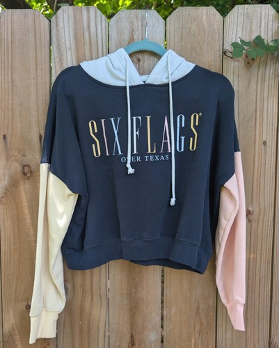 Six Flags over Texas Colorblock Cropped Hoodie Sweatshirt