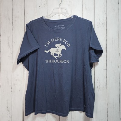 Life Is Good Women's Blue Graphic Crusher T-shirt I'm Here For The Bourbon XXXL 
