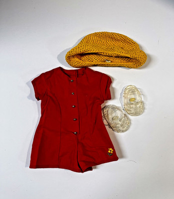 American Girl  Pleasant Company Red Culotte Dress Yellow Hat & Jellies Shoes
