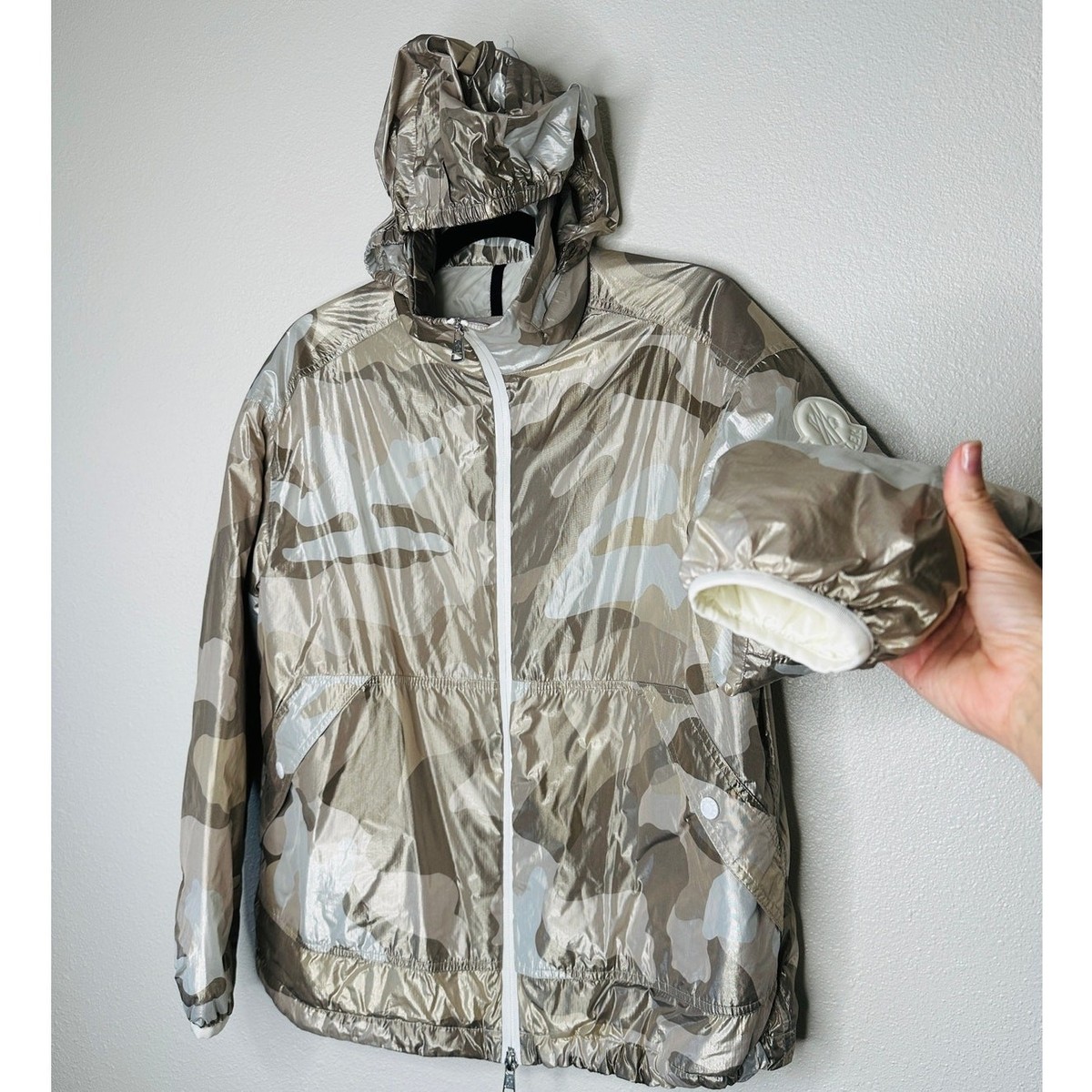 Moncler Menchib Metallic Camo Hooded Jacket Sand Cream Lightweight