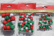 Set of Happy Holidays Tinsel Pom Poms Red,Green  White Crafts