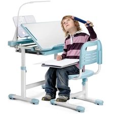Desk and Chair Set, Height Adjustable Children Functional Study Desk with 55°...