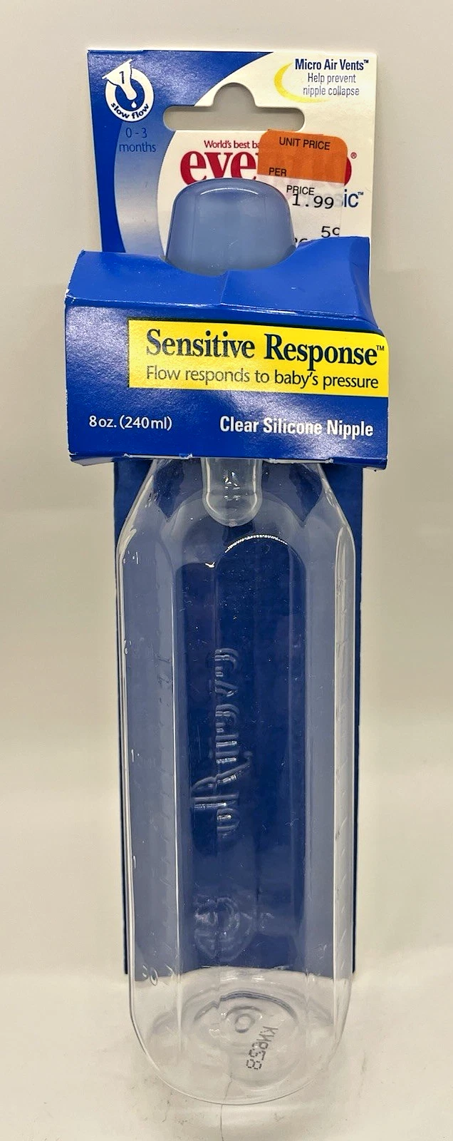 VTG Vintage Evenflo 2001 Baby Bottle Plastic Sensitive Response 8oz clear