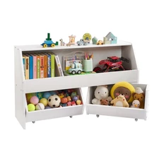 VEVOR Toy Storage Organizer Wooden Bookshelf 3 Section Cubbies Mobile Drawers