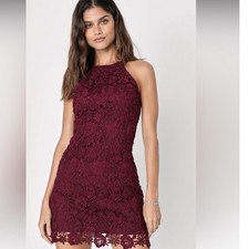 Lulus Love Poem Dress Burgundy Red Lace Mini Sheath Halter HOCO Events | Medium