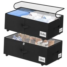 2 Pack Under Bed Storage with Wheels 10" 10 Inch Tall - Clear Lid Black-2 Pack