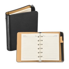 6 Ring A7 Leather Binder Cover with Horizontal Lines Paper and Pen, Black