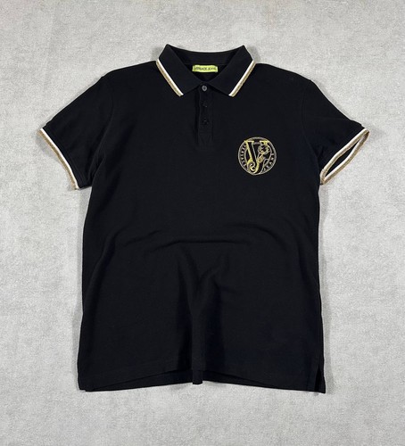 Versace Jeans Couture, Versace Jeans Couture Polo Shirt Mens Black Gold Logo Vintage
