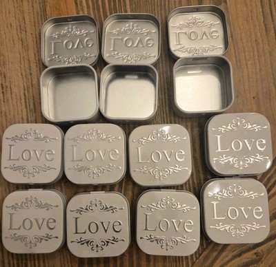 Set of 11 Square Metal Favor Tins - ''Love'' Embossed - Silver/Gray 2x2x1