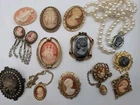 Vintage Faux Cameo Costume Jewelry Lot Necklaces Brooches Earrings 13 Pieces