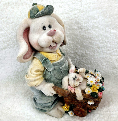 Vintage Papa Bunny Farmer Rubbit Figurine Baby Wheelbarrow Easter Spring Decor