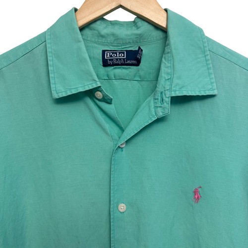 Polo Ralph Lauren Mint Green Linen Silk Blend Button Up Short Sleeve Shirt XL