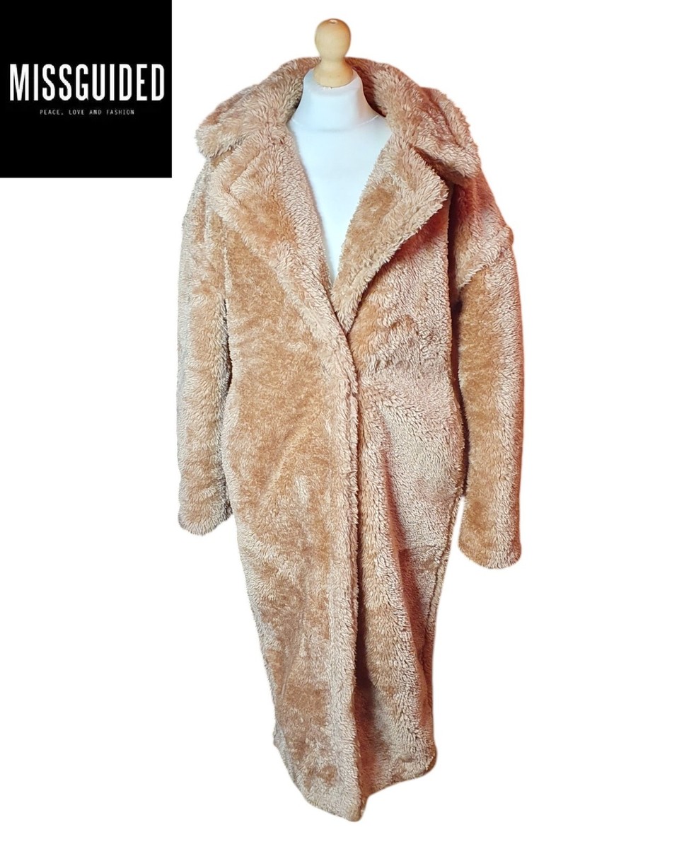 NEW Missguided Ladies UK Size Faux Fur Long Coat Very Warm Borg Teddy Tan  Coat