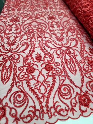 Red Beaded Lace Embroidery Fabric By The Damask Pattern Luxury Lace Victorian 