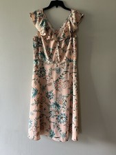 LOFT Outlet Size M Dress Peach Turquoise Floral V-Neck Ruffle Sleeves Midi