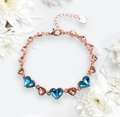 Goldfarben Kristall Liebe Herz verbunden Bettelarmband für Frauen UK blau Herz