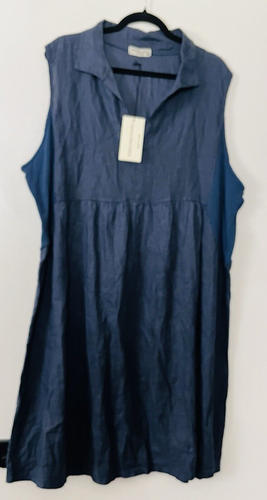 Terzo Millennio Wm's 3X 100% linen V-neck sleeveless collared midi dress blue