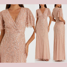 NEW Mac Duggal 16 35109 Column Embellished Flutter Sleeve Gown Nude G1857
