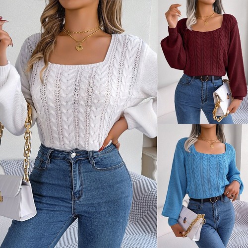 Casual square neck pullover sweater for women