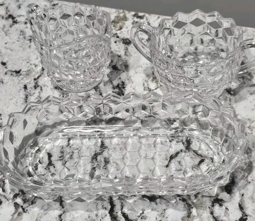 Vintage Fostoria American Pattern Cream and Sugar Set With  Olive Tray