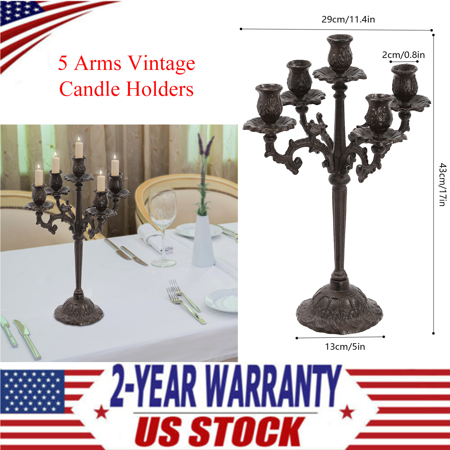 5 Arms Vintage Candle Holders Heavy Duty Cast Iron Home Party Decor Candle Stand