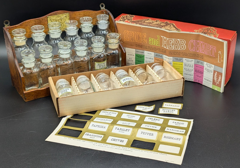 Vintage Wood Spice Shelf with Glass Bottles, Labels & Spice Chart