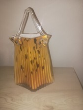 Hand Blown Art Glass Purse Vase, Brownish W/ Clear Handle. Bag Fashion Decor