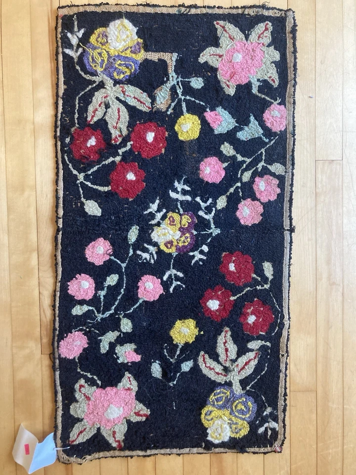 Antigua alfombra americana primitiva decorada floral vintage 36" x 19" Foto 2 de 4