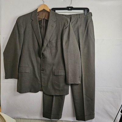 Vintage George J Good Hickey Freeman Brown Textured Wool 3 Button Suit 44R 31W