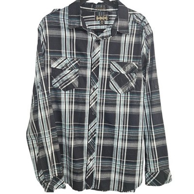 Helix Mens XL Athletic Fit Plaid Button Down Shirt Black Teal Roll Tab Sleeve