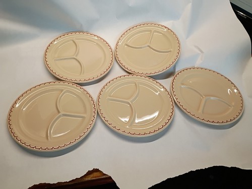 Vintage Syracuse China Econo-Rim Divided Grill Plates Red Scallop Set of 5
