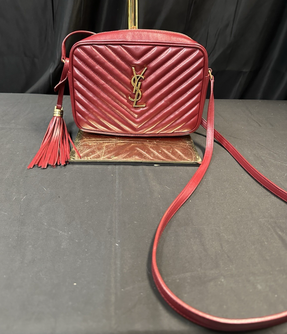 SAINT LAURENT YSL Red Quilted Leather Lou Camera Bag with Tassel