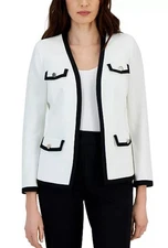 NWT Kasper Womens Ivory Black Trim Stretch Crepe Open Front Blazer Jacket Sz L
