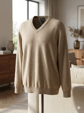 Jos A Bank Merino Wool V-Neck Sweater Mens XXL Beige Pullover Traveler EUC