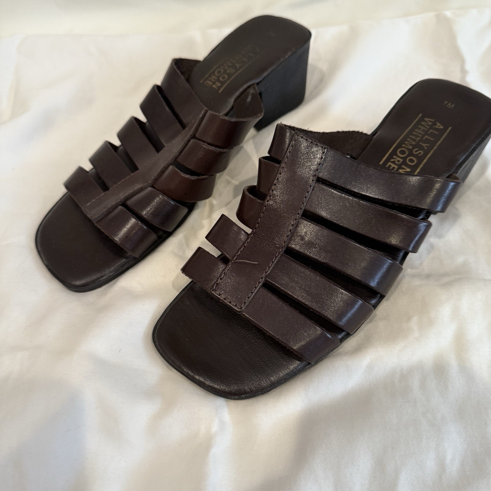 Allyson Whitmore Brown Leather Block Heel -Slip on Sandals -Size 7