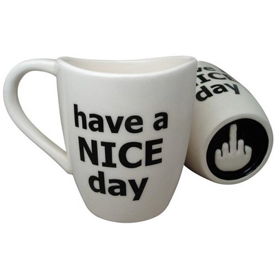 Have a Nice Day Coffee Mug, Funny Cup with Middle Finger on the Bottom 14 oz....