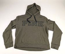 PINK Victoria s Secret Hoodie Large Olive Green Pullover Logo Sweatshirt