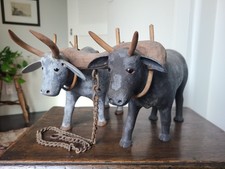 Vintage 1970's Folk Art Wood Sculpture Pair of Oxen Signed S.L. Sutton Americana