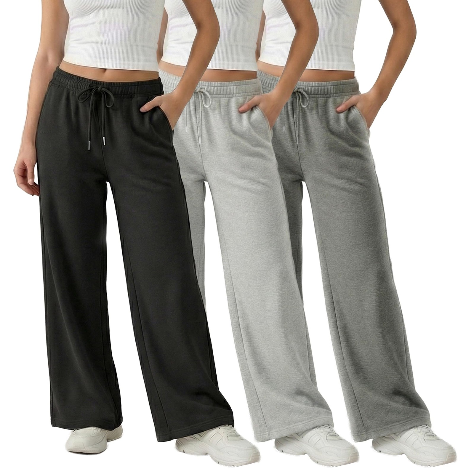 3 Pack Wide Leg Fleece Lounge Sweatpants for Women — Deep Pockets, Relaxed Fi...