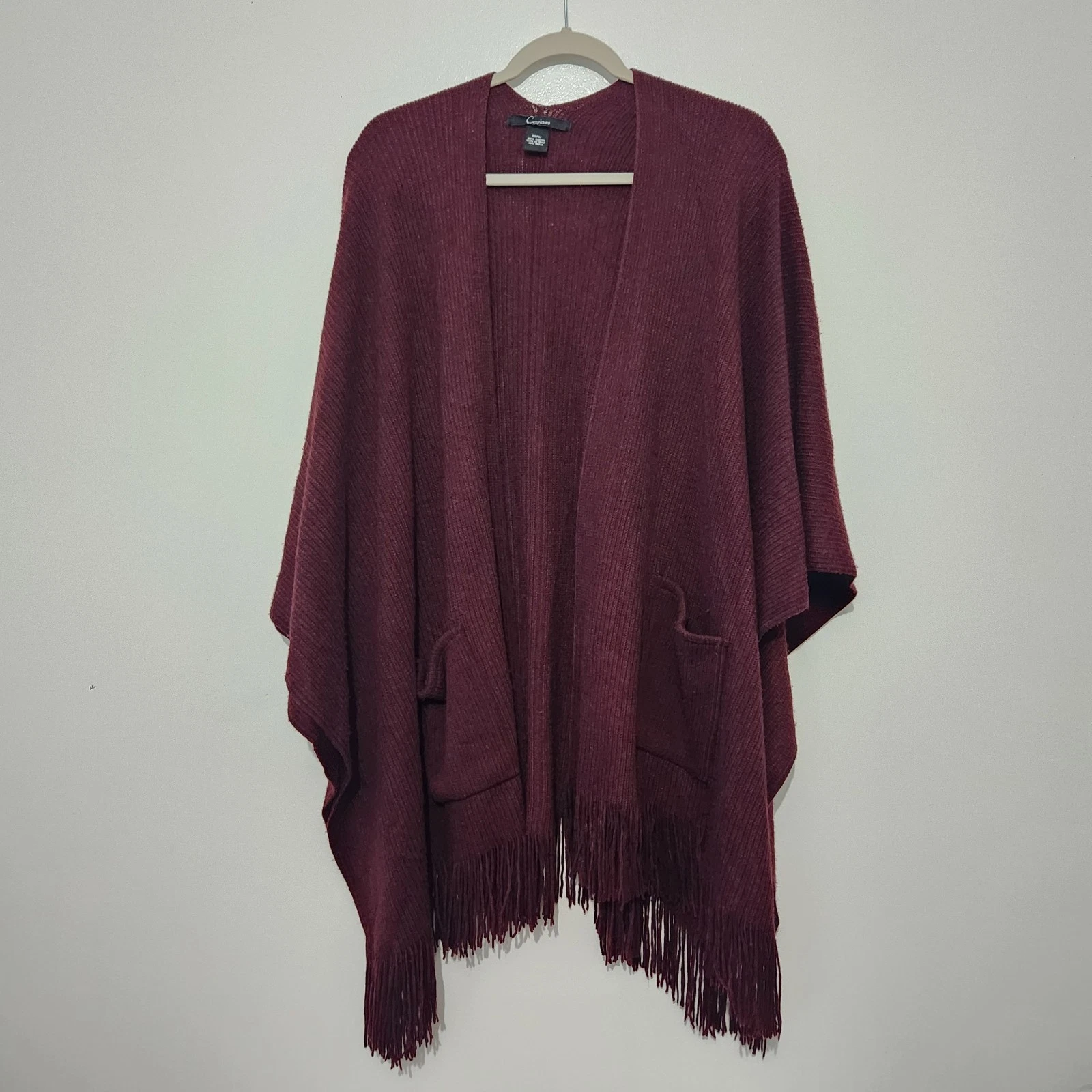 Cejon Shawl Womens One Size Burgundy Fringe Pockets Ruana Poncho Wrap Cardigan