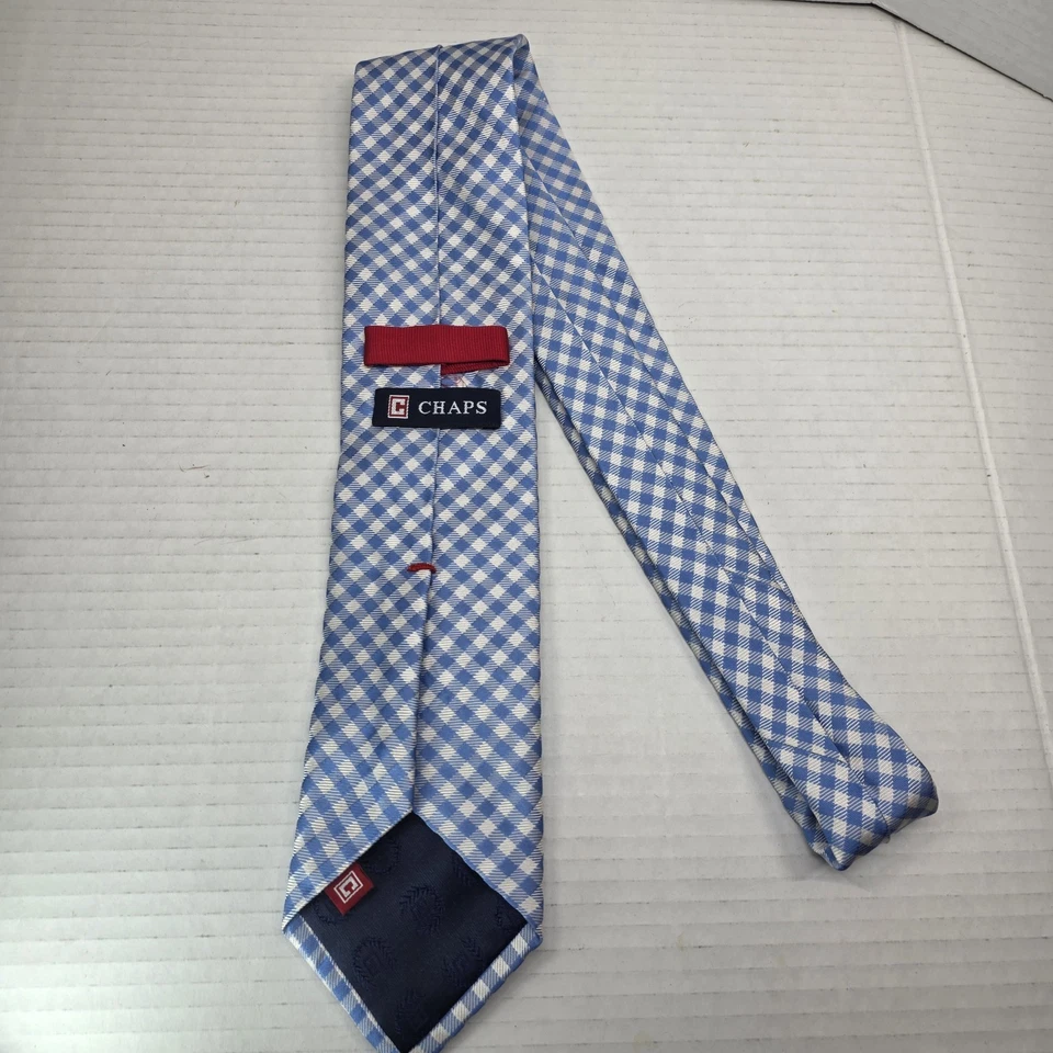 Chaps Blue White Gingham Check Necktie Men’s 58” x 3.5” Handmade 100% Silk Tie - Image 3 of 3