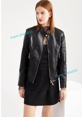 Womens Black Leather Biker Jacket Slim Fit Zip Casual Riding Moto Outerwear Look