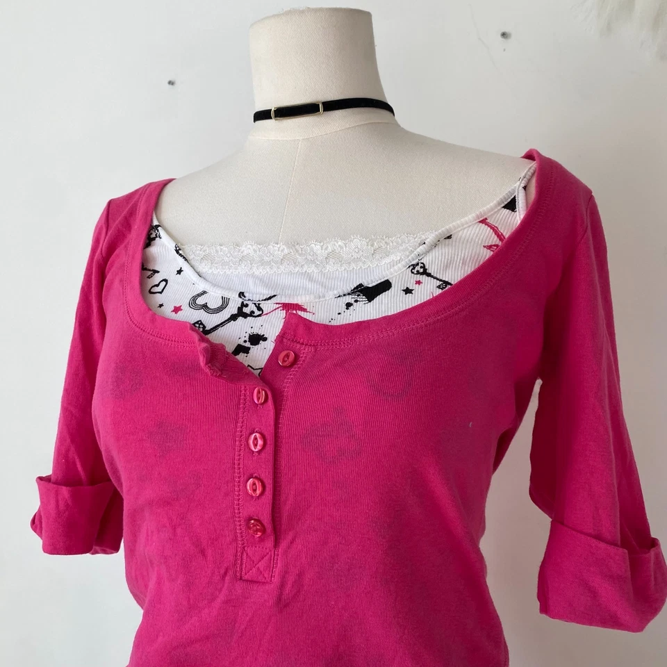 Top Henley en capas vintage Energie para mujer Y2K talla L encaje grunge gótico preppy Foto 2 de 4