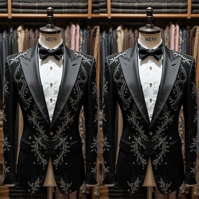 Luxury Beading Men's Suits Rhinestone Prom Dinner Party Coat Peak Lapel Jacket