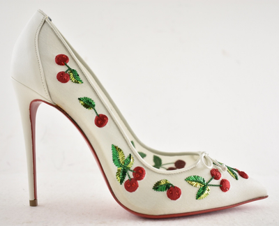 Christian Louboutin Cherrypump 100 Latte White Organza Red Cherry