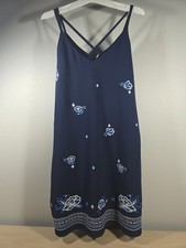 Womens SMALL Blue Strappy Shift Dress w. Embrodered Flowers.