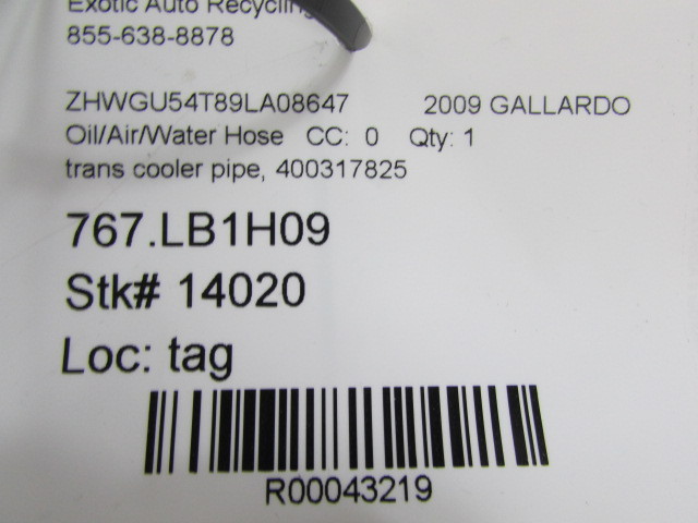 Lamborghini Gallardo, LP550, LP560, LP570, Trans Cooler Pipe/Line, P/N 400317825