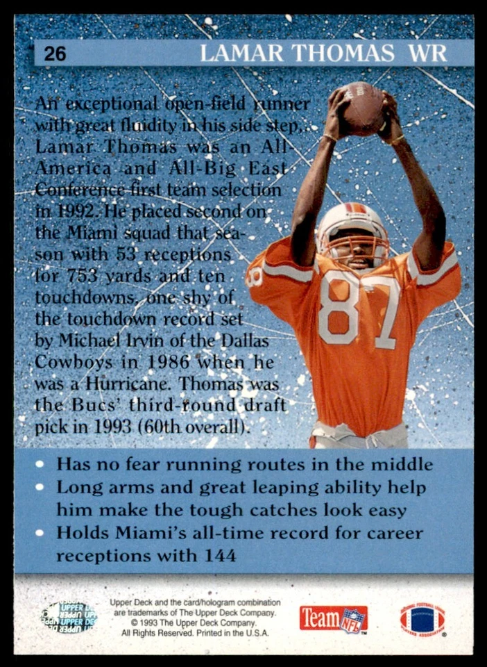 1993 Upper Deck Lamar Thomas RC OnCardIPAuto Buccaneers #26 *Noles2148* - Image 2 of 2