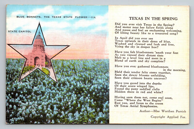 Texas in the Spring Poem by Mae Parrish Blue Bonnets Blooming Postcard |  eBay